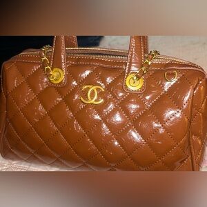 Inspired CHANEL Brown Quilted Patent Leather Satchel with Gold Hardware